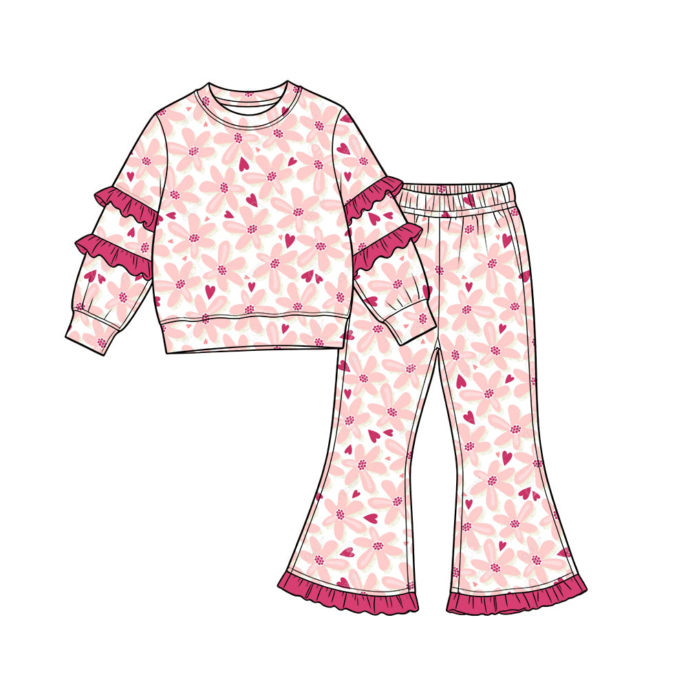 Preorder (moq 5) Baby Girl Clothes Pastel Daisy Heart Allover Print Long Sleeve Tiered Ruffle Top Ruffle Flare Pant Set