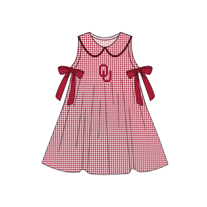 Preorder (moq 5)Baby Girls Red Plaid Sleeveless Bows OU Team Knee Length Dresses