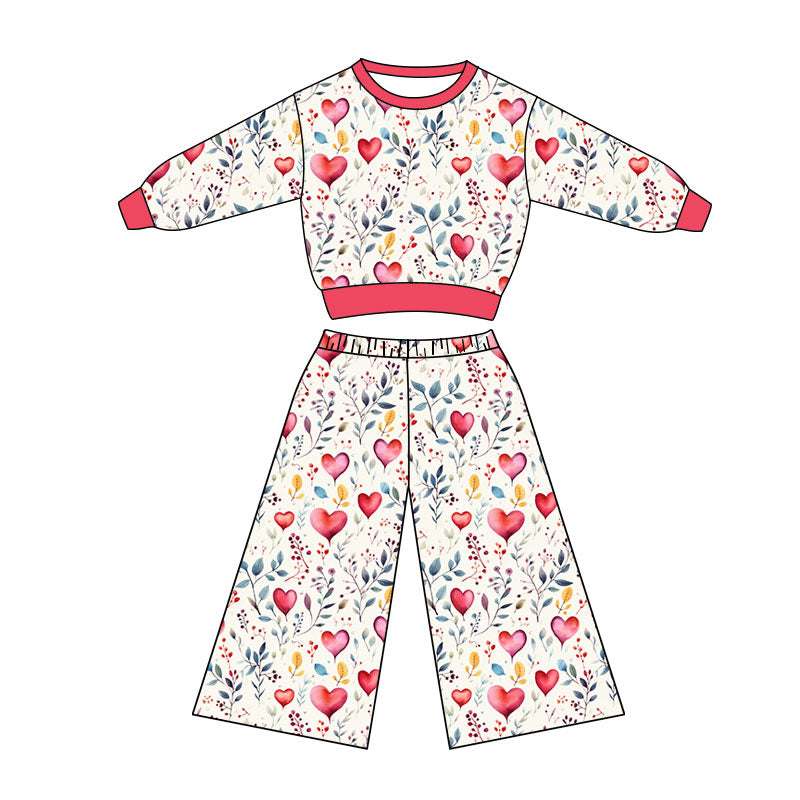 Preorder(moq 5) Baby Girls Long Sleeve Hearts Balloons Floral Top Flare Pants Clothes Sets
