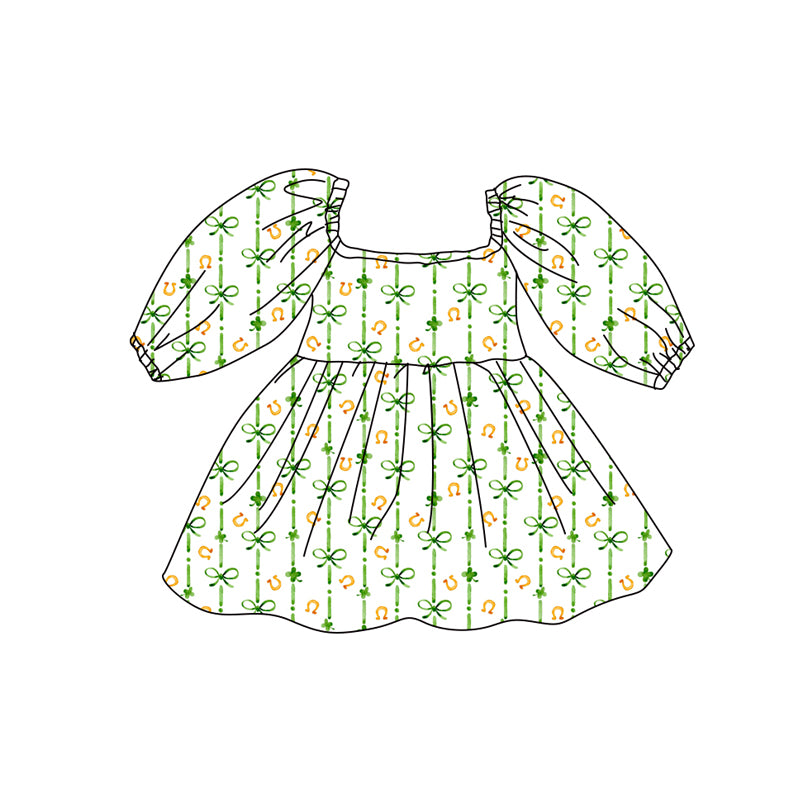 Preorder (moq 5)Baby Girls Clovers Bows St Patrick Knee Length Dresses