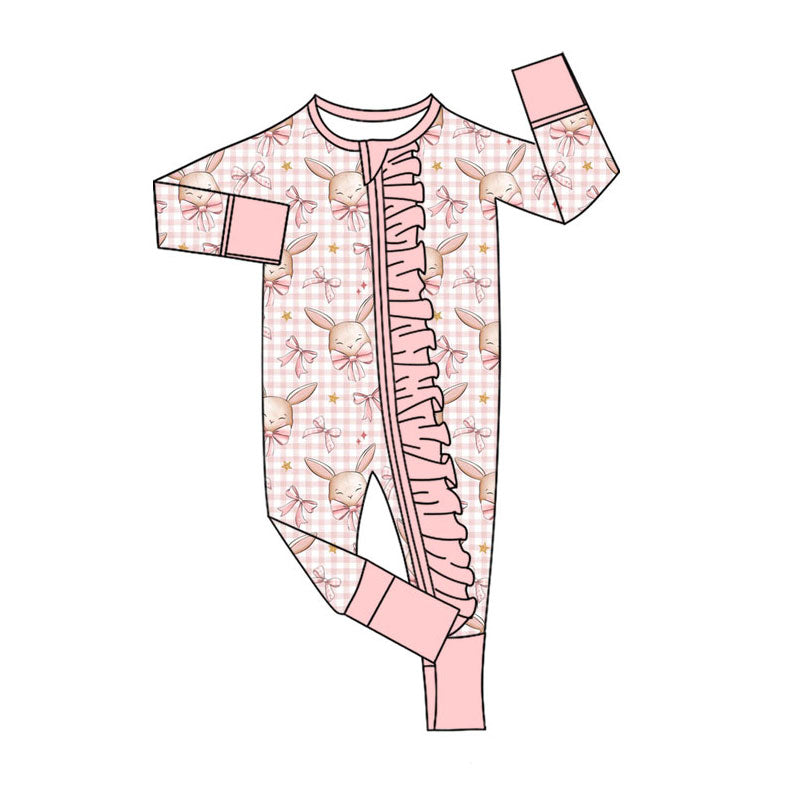Preorder (moq 5)Baby Girls Pink Bows Rabbits Checked Easter Two Way Ruffle Zip Convertible Rompers