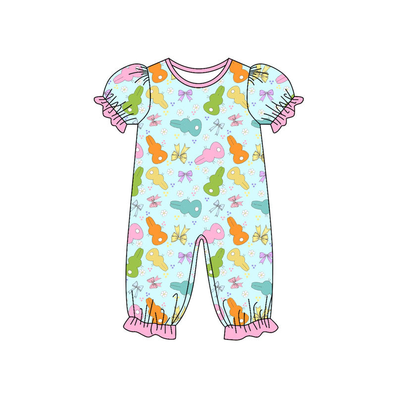 Preorder (moq 8)Baby Girls Colorful Bows Rabbits Easter Ruffle Footie Rompers
