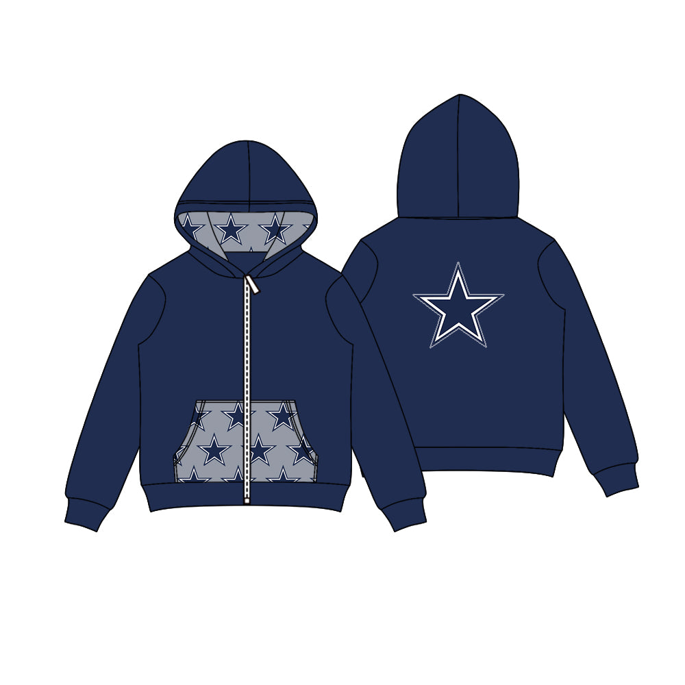 Preorder (moq 5)Baby Boys Hot Blue Stars Team Pocket Zipper Hoodies Tops