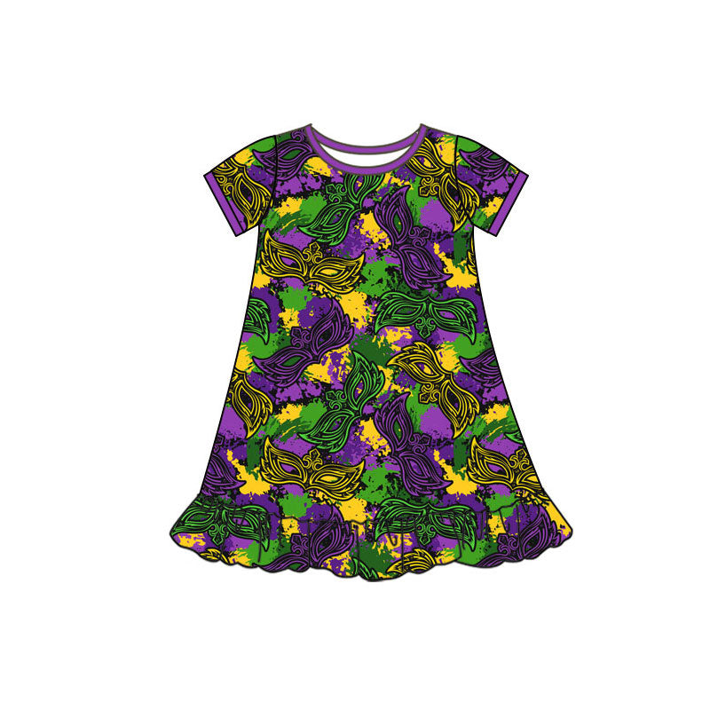 Preorder(moq 5) Baby Girls Mardigras Short Sleeve Camo Masks Ruffle Knee Length Dresses
