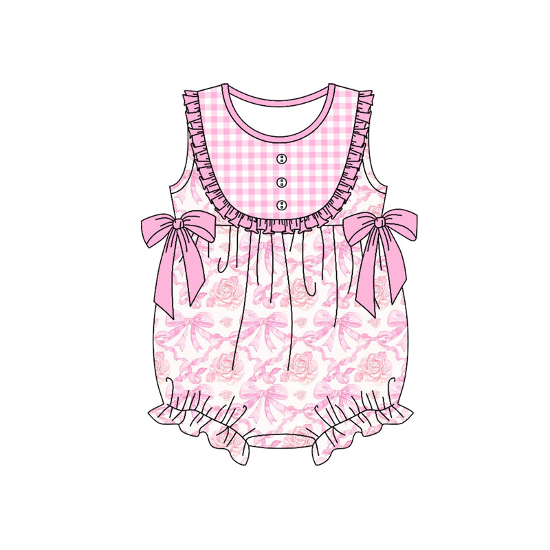 Preorder (moq 5)Baby Girls Pink Sleeveless Flowers Bows Button Ruffle Rompers
