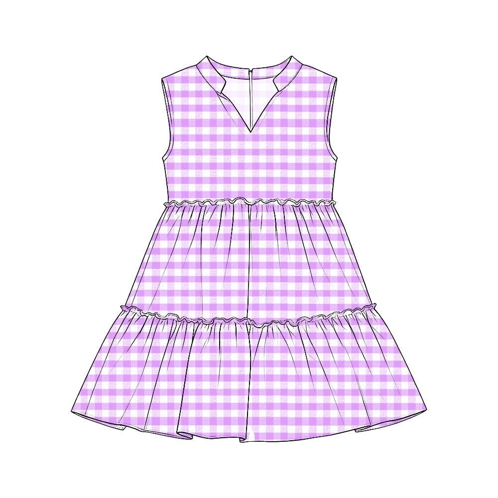 Preorder (moq 5) Girls’ Sleeveless Tiered Dresses, Purple & White Plaid Collared V-Neck Ruffle Dress