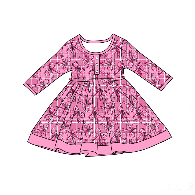 Preorder (moq 5)Baby Girls Long Sleeve Pink Bows Checked Button Ruffle Knee Length Dress