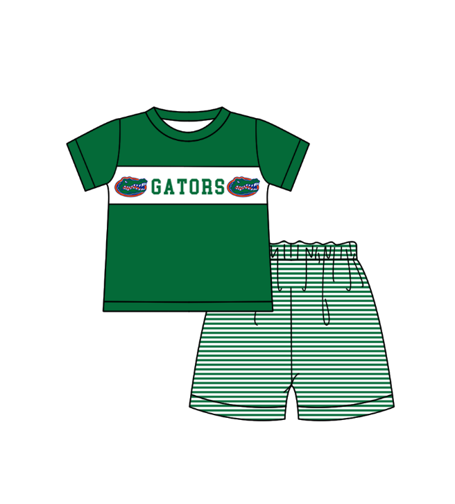 Preorder (moq 5)Baby Boys Green Short Sleeve Gators Top Stripe Shorts Team Clothes Sets