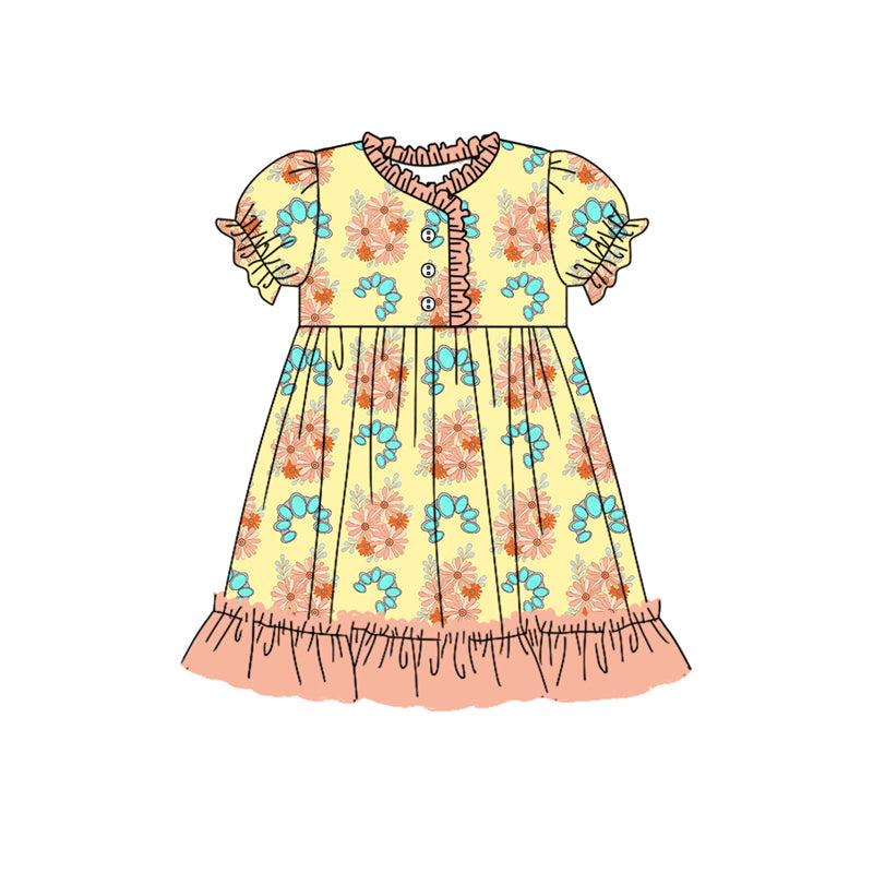 Preorder (moq 5)Baby Girls Western Turquoise Ruffle Knee Length Dresses