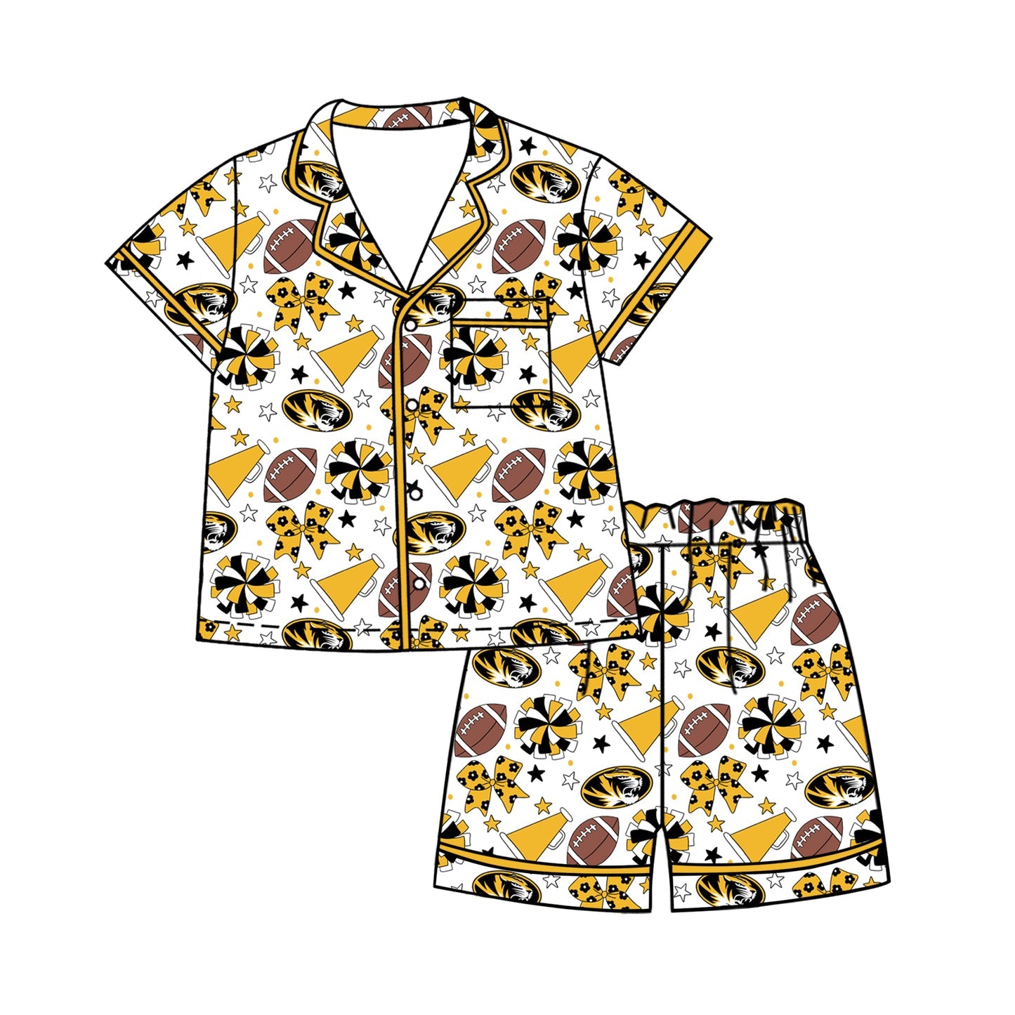 Preorder (moq 5)Baby Girls Footballs Bows Button Pocket Top Short Team Clothes Sets