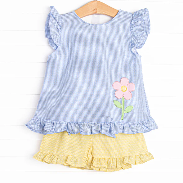 Preorder moq 5 Baby Girls Blue Flutter Sleeves Flowers Tunic Yellow Ruffle Short Set