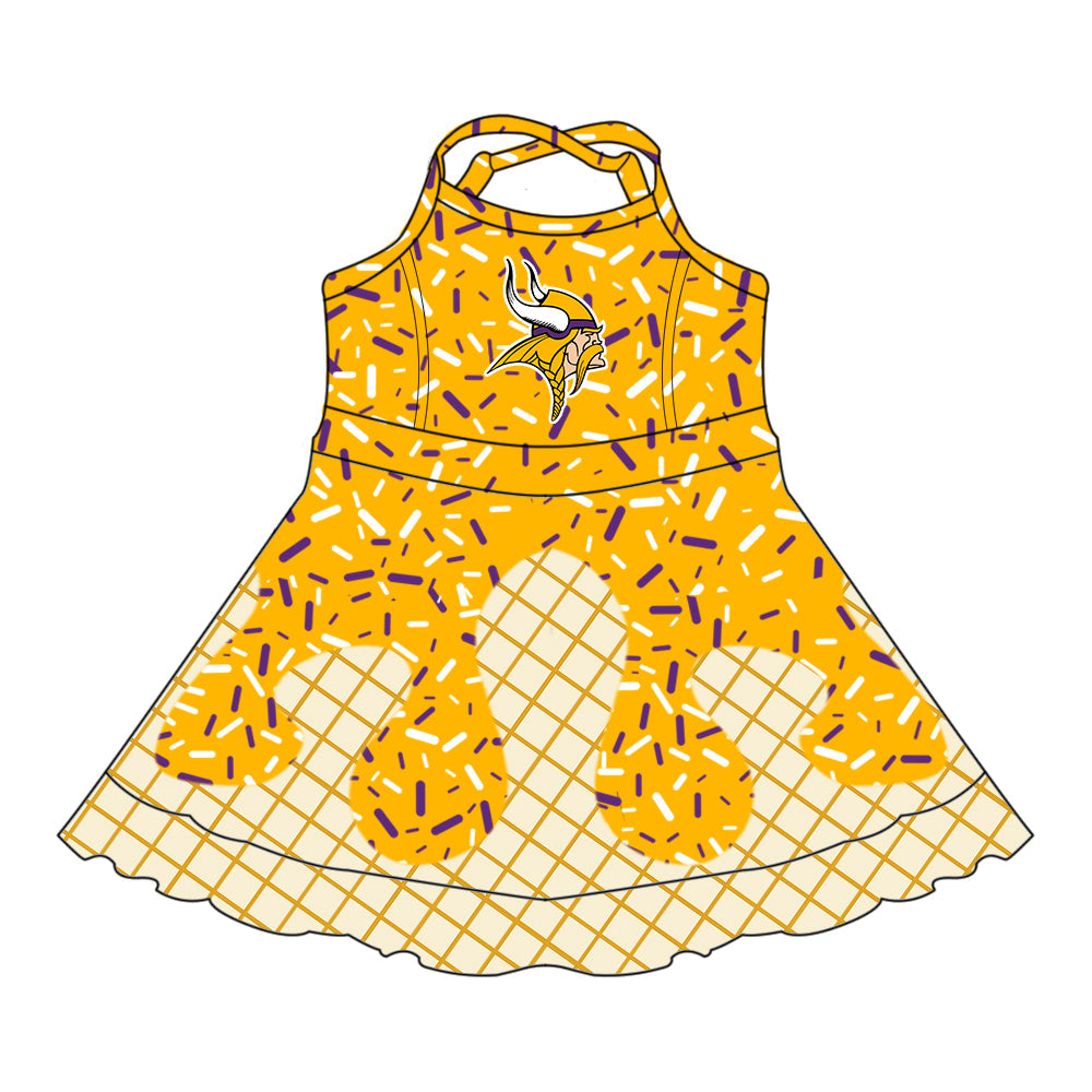 Preorder (moq 5)Baby Girls Drip Sprinkles Minnesota Vikings Team Shorts Ruffle Knee Length Dress