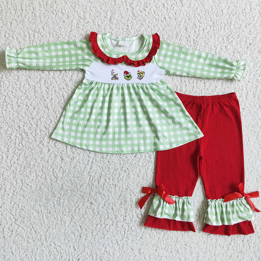 Sibling Baby Boys Girls Embroidery Green Checked Green Face Christmas Clothes Sets Rompers Knee Length Dresses