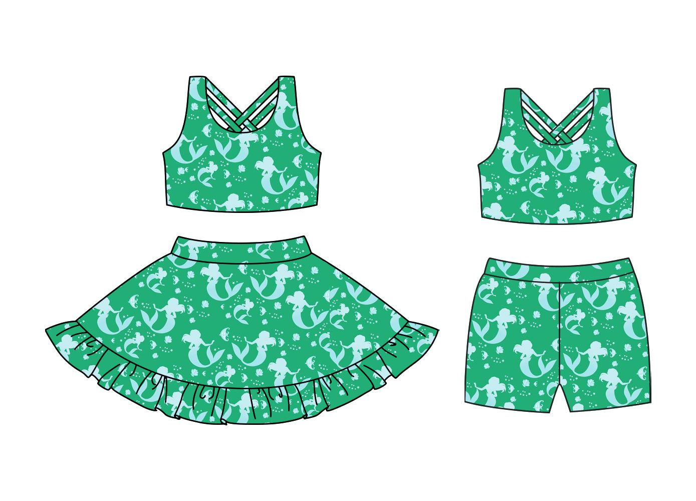 Preorder moq 5 Custom Baby Girls Green Sleeveless Mermaid Top Ruffle Skirts Set Biking Sets