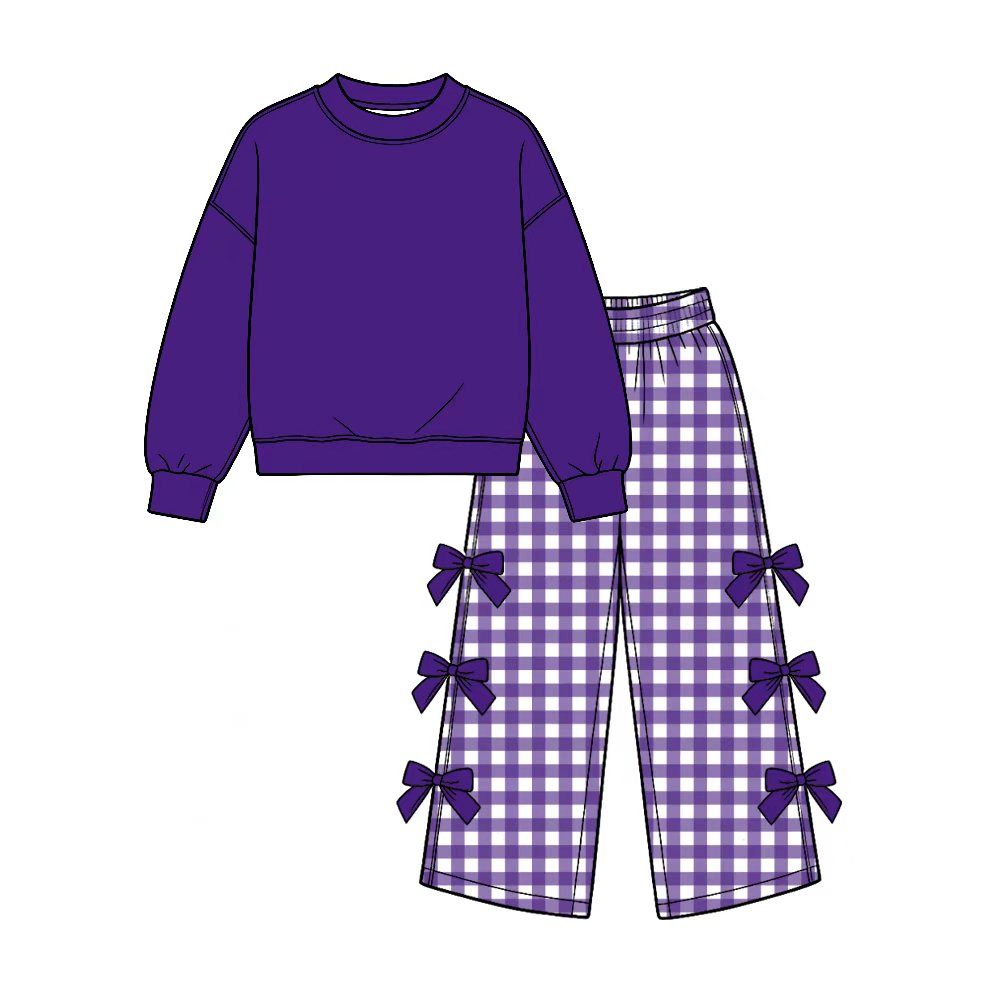 Preorder (moq 5) Baby Girl Clothes Solid Purple Top Gingham Check Bow Decor Long Sleeve Wide Leg Pant Set