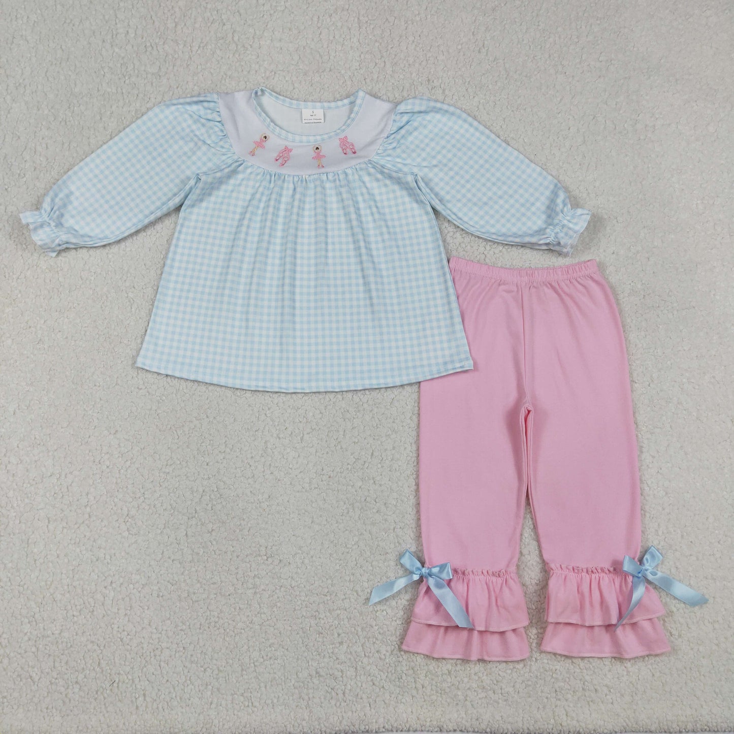 Embroidery Dancer Shoes Baby Girls Checked Tunic Ruffle Pants Clothes Sets