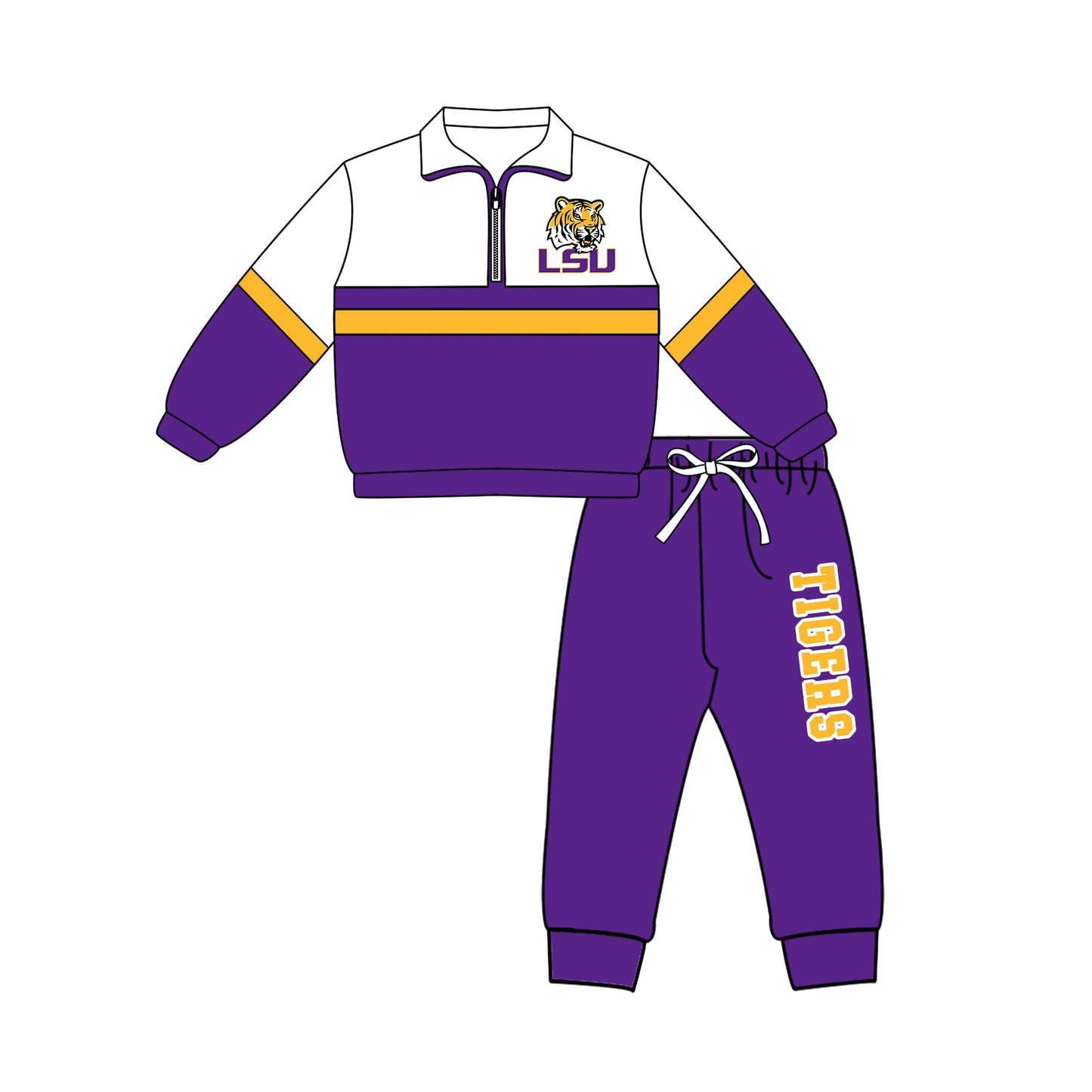Preorder (moq 5)Baby Boys LSU Tigers Zip Pullovers Top Jogger Pants Team Clothes Set
