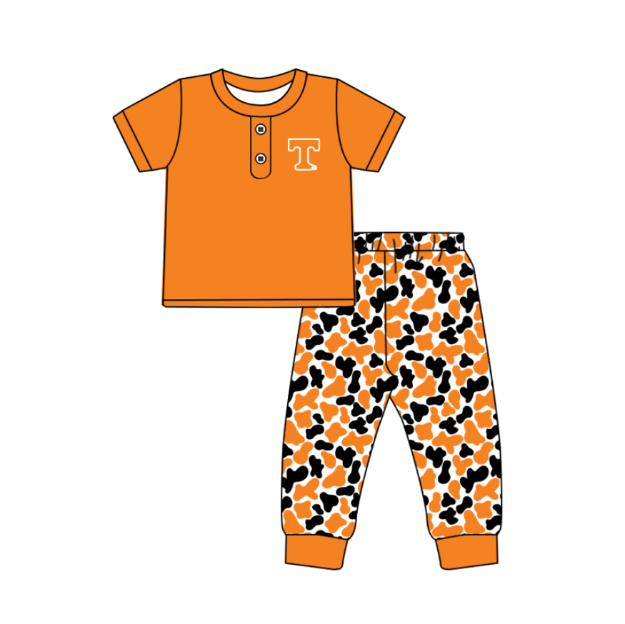 Preorder (moq 5)Baby Boys Orange T Button Top Camo Pants Team Clothes Sets