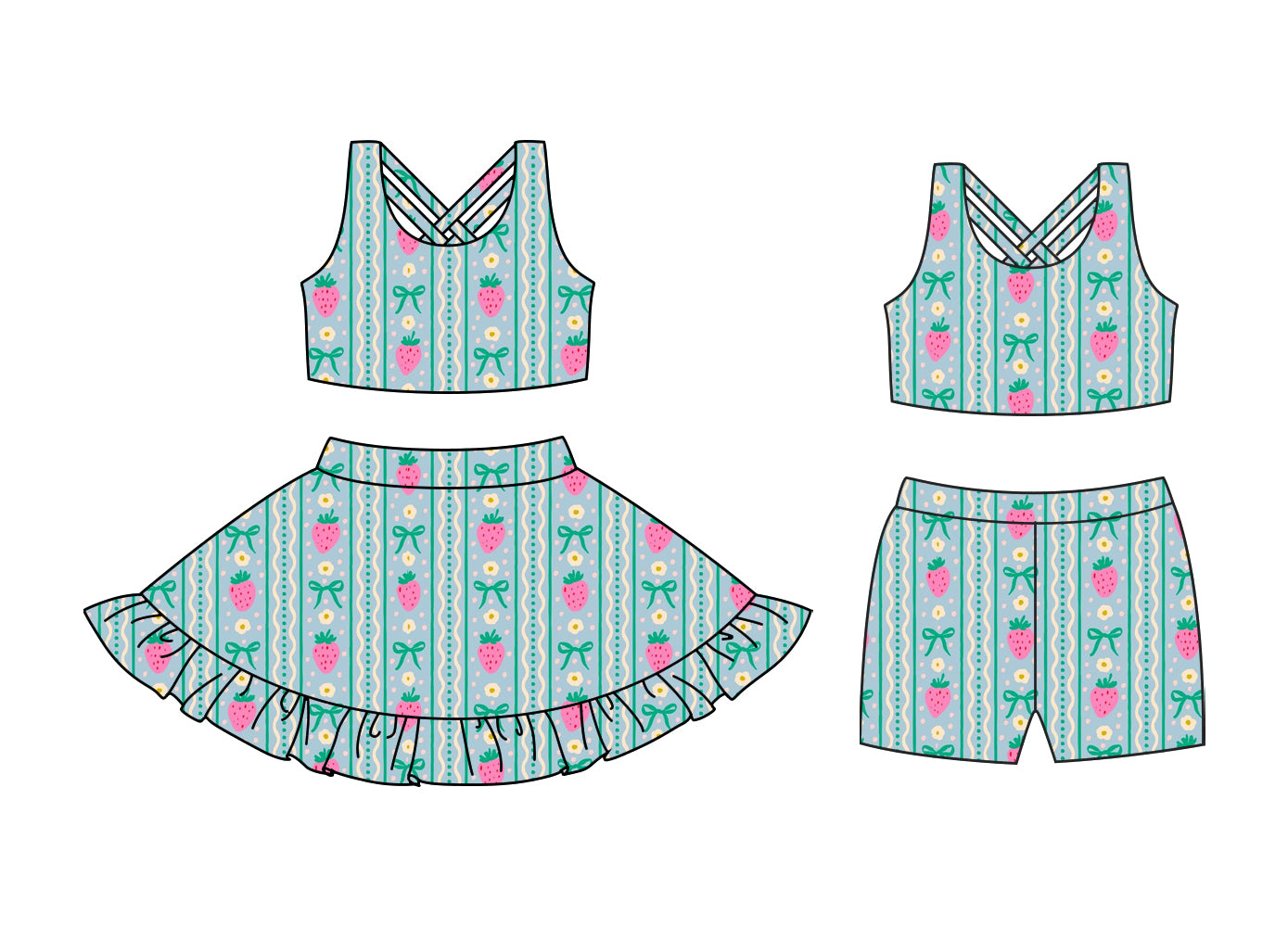 Preorder moq 5 Custom Baby Girls Green Sleeveless Bows Strawberry Stripe Top Ruffle Skirts Set Biking Sets