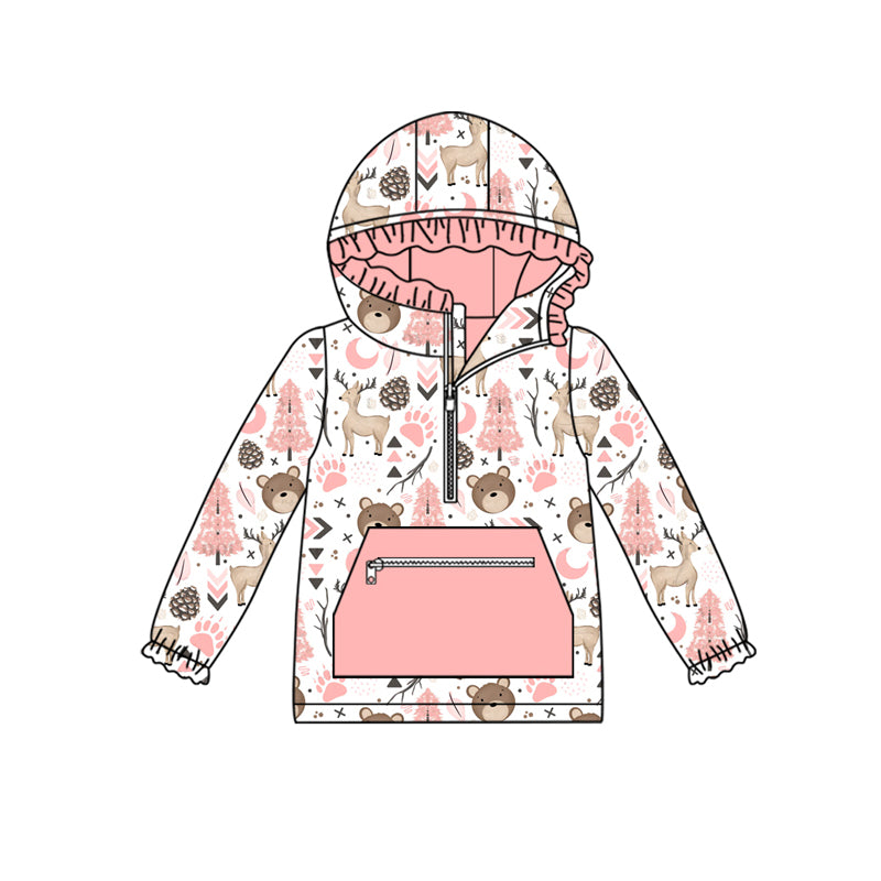 Preorder (moq 5)Baby Girls Pink Animals Zip Hooded Pullovers Tops