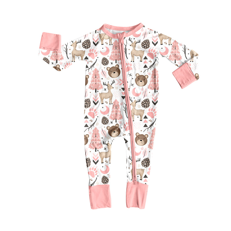 Preorder(moq 5)Baby Girls Pink Animals Zipper Footie Rompers