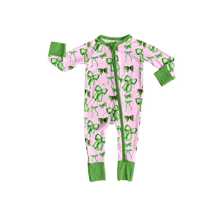 Preorder(moq 8)Baby Girls Green Bows Plaid St Patrick Zipper Footie Rompers