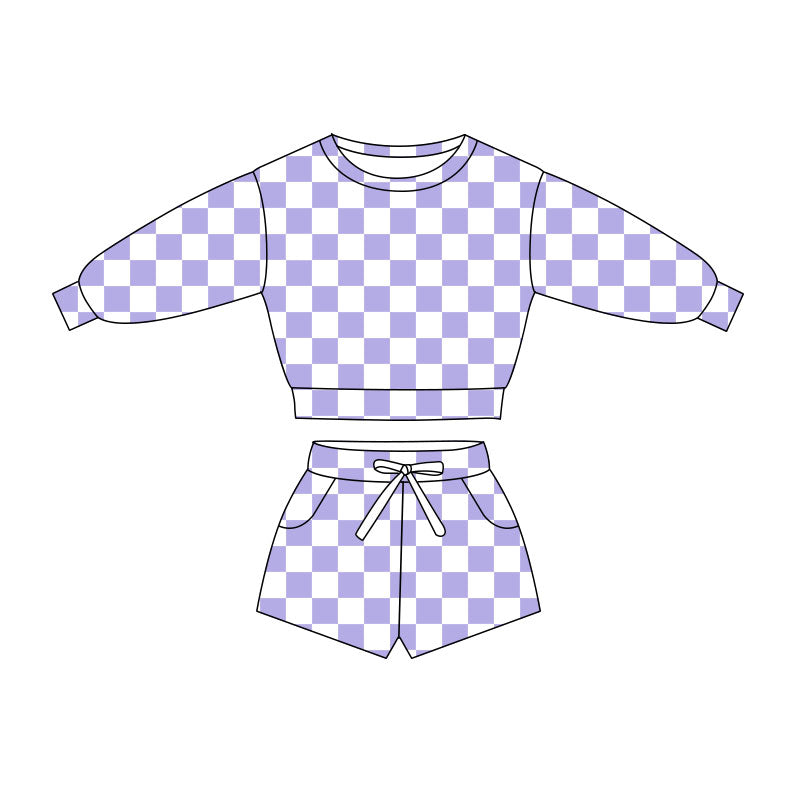 Preorder(moq 5) Baby Girls Lavender Checked Long Sleeve Pockets Shorts Clothes Sets