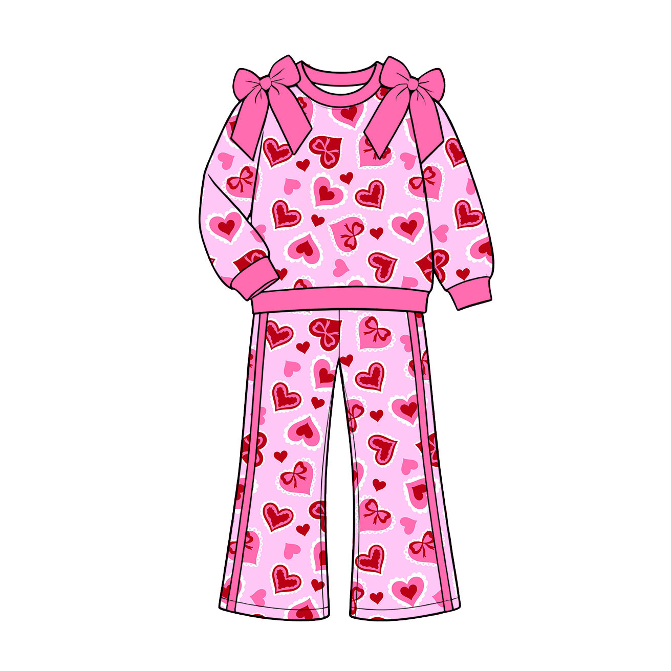 Preorder (moq 5) Girls’ Fall Valentine’s Day Pink Heart Bow Crewneck Long-Sleeve Sweatshirt & Wide-Leg Pants Set
