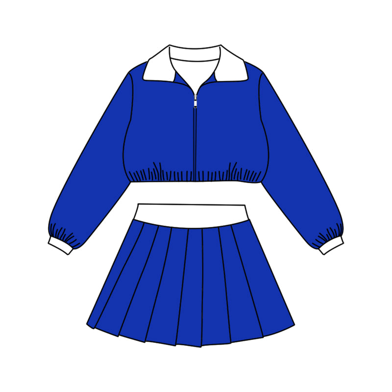 Pre-order(moq5) Kids Full Zip Collared Cropped Jacket Pleated Skirt 2‑Piece Athletic Set