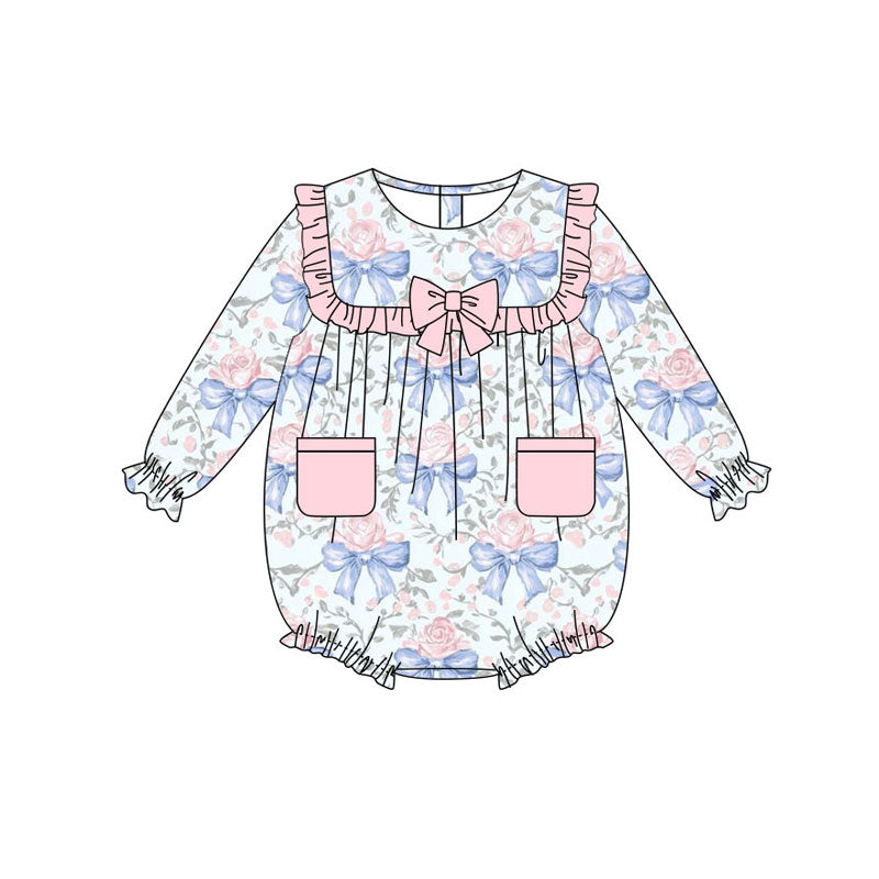 Preorder(moq 8)Baby Girls Flowers Bows Pockets Ruffle Rompers