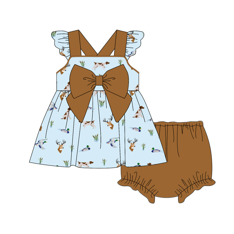 Preorder (moq 5)Baby Girls Blue Flutter Sleeves Deer Ducks Dogs Tunic Brown Bummies Set