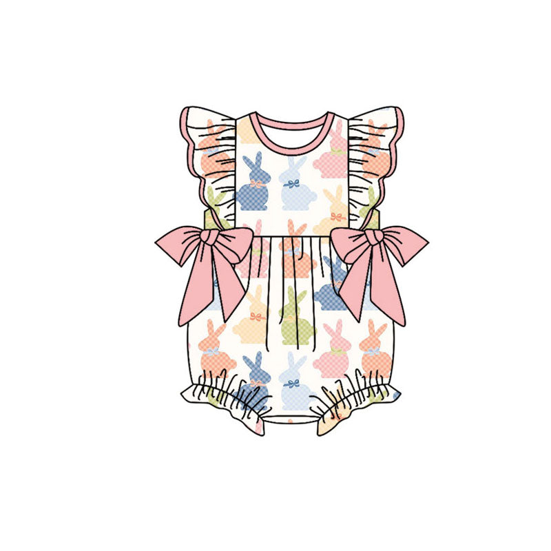 Preorder (moq 5)Baby Girls Colorful Rabbits Flutter Sleeve Bows Easter Ruffle Rompers