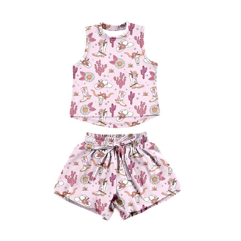 Preorder (moq 5)Baby Girls Bull Skulls Boots Top Shorts Western Clothes Set