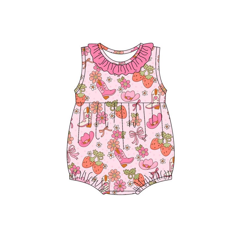 Preorder(moq 5)Baby Infant Girls Pink Sleeveless Flowers Hats Boots Summer Rompers