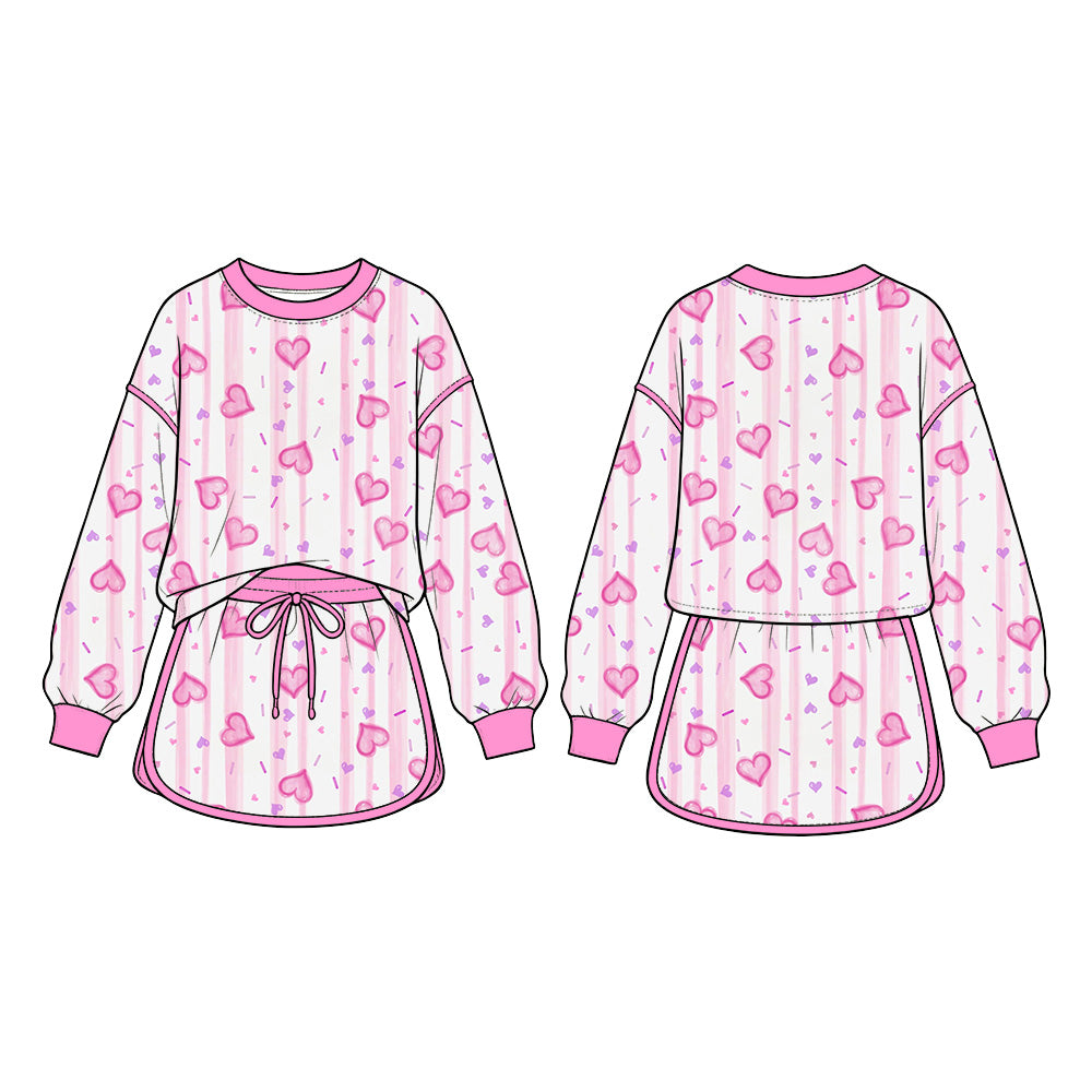 Preorder (moq 5)Baby Girls Pink Stripe Hearts Long Sleeve Top Skirt Short Valentines Clothes Set