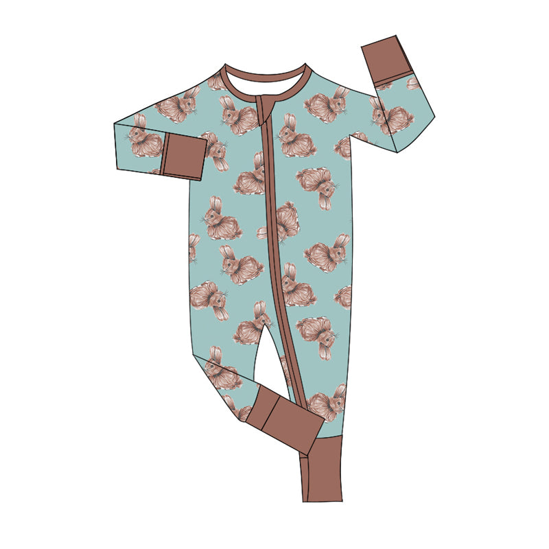 Preorder (moq 5)Baby Boys Green Rabbits Easter Two Way Zip Convertible Rompers