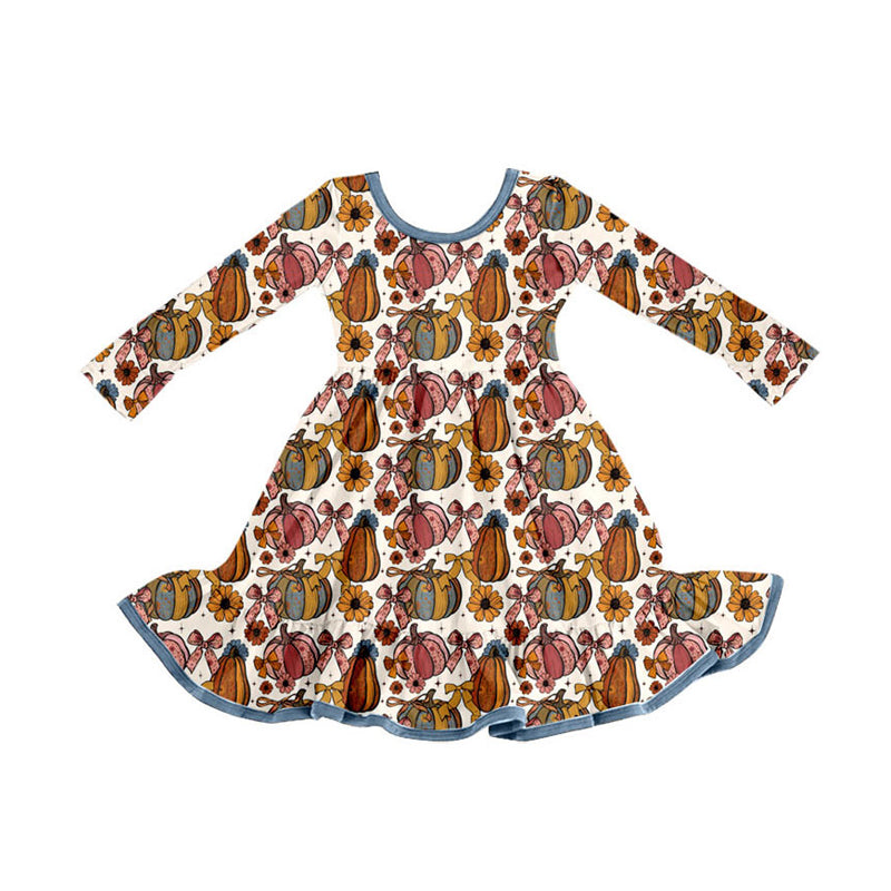 Preorder (moq 5)Baby Girls Flower Pumpkins Plaid Fall Ruffle Knee Length Dresses