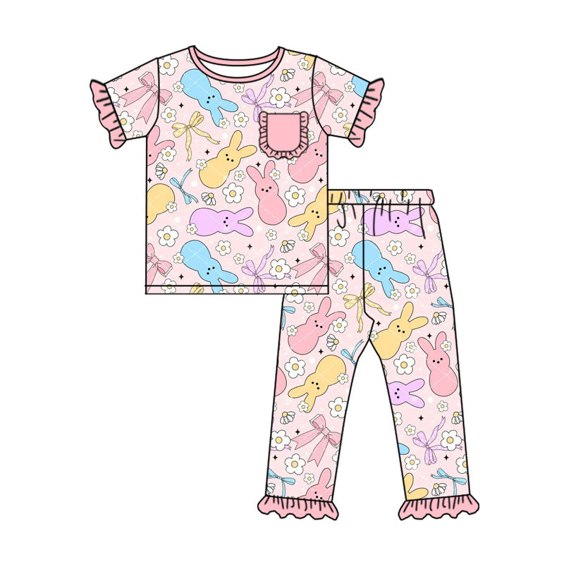 Preorder (moq 5)Baby Girls Colorful Flowers Rabbits Top Ruffle Pants Easter Pajamas Sets