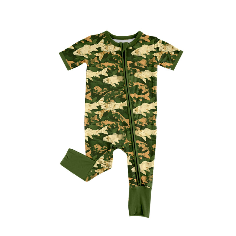 Preorder (moq 5)Baby Boys Dark Green Short Sleeves Fishes Zipper Rompers