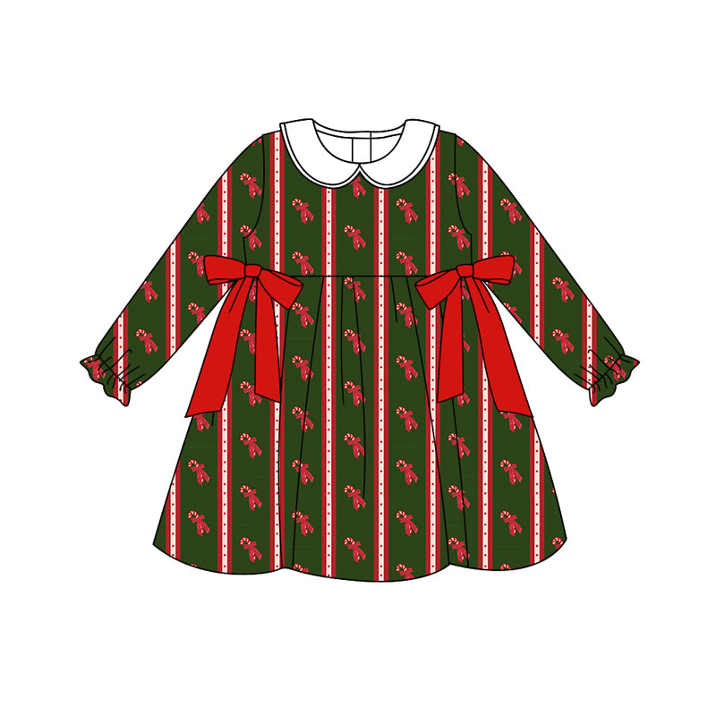 Preorder (moq 5)Baby Girls Bows Candy Cane Stripes Christmas Knee Length Dresses