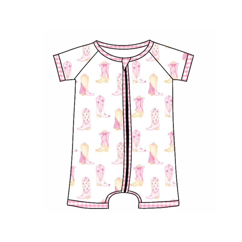 Preorder (moq 5)Baby Girls Pink Short Sleeves Boots Zipper Rompers