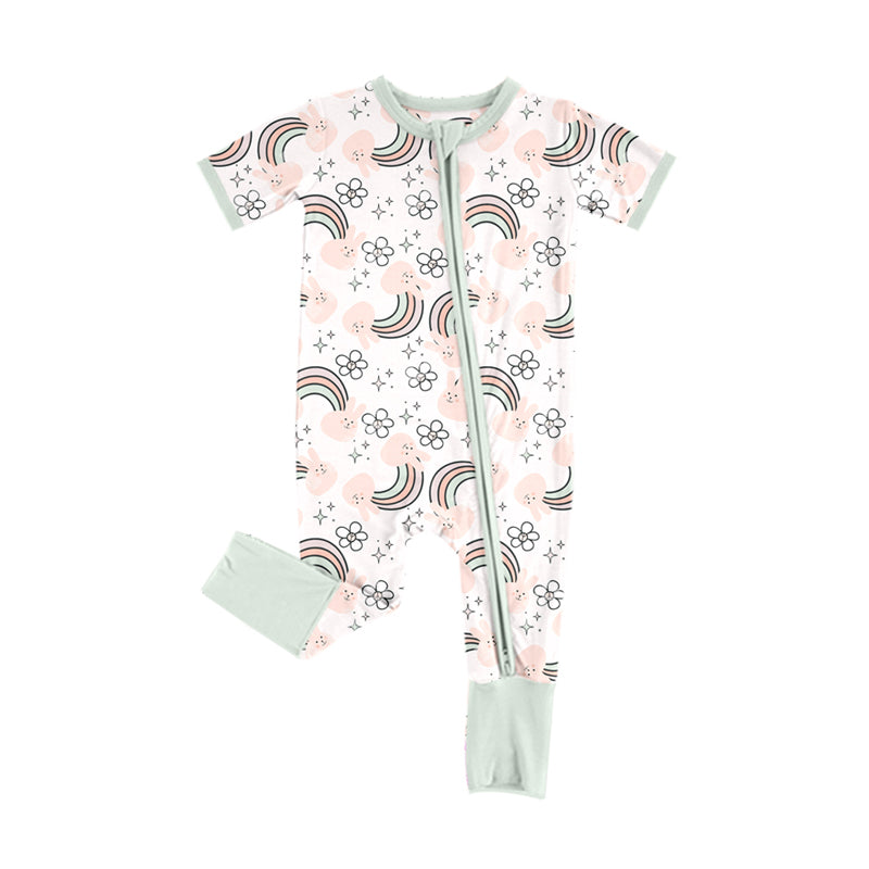 Preorder (moq 5)Baby Girls Rabbits Rainbows Flowers Easter Two Way Zip Convertible Rompers