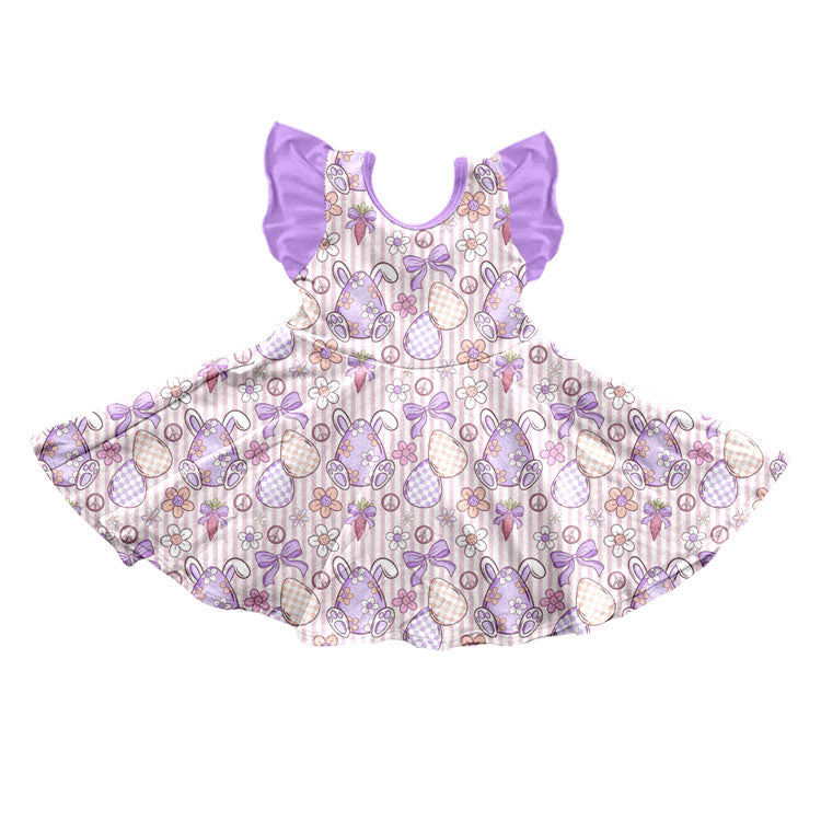 Preorder (moq 5) Baby Girl Clothes Easter Bunny Egg Stripe Mixed Print Short Sleeve Twirl Dress