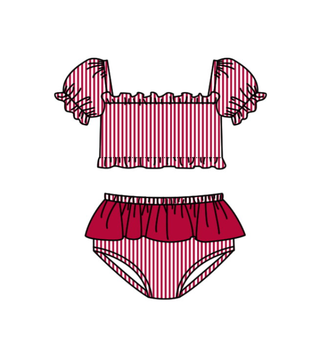Preorder moq 5 Baby Girls Red Stripe Vest Top Bummies Short Team Swimsuits