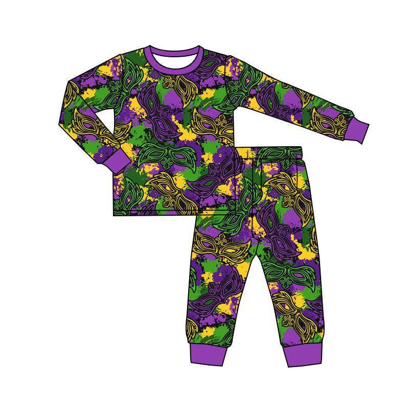 Preorder(moq 5) Baby Boys Mardigras Long Sleeve Camo Masks Top Pants Pajamas Sets