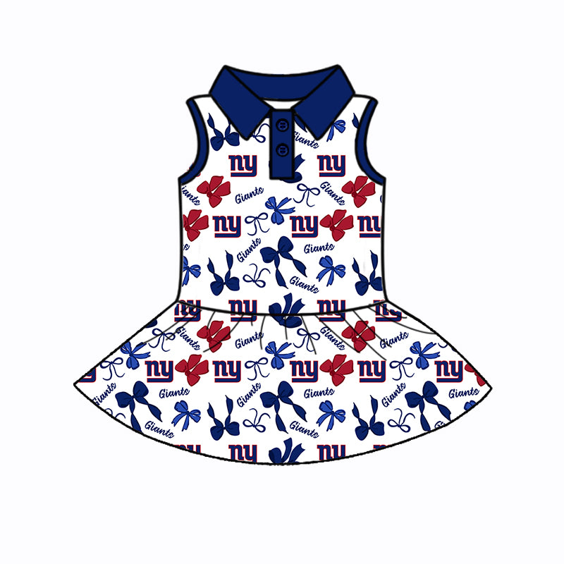 Preorder (moq 5)Baby Girls Sleeveless Bows Plaid NY Giants Button Team Knee Length Dresses