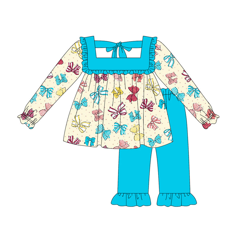 Preorder (moq 5)Baby Girls Long Sleeves Colorful Bows Tunic Blue Ruffle Pant Set