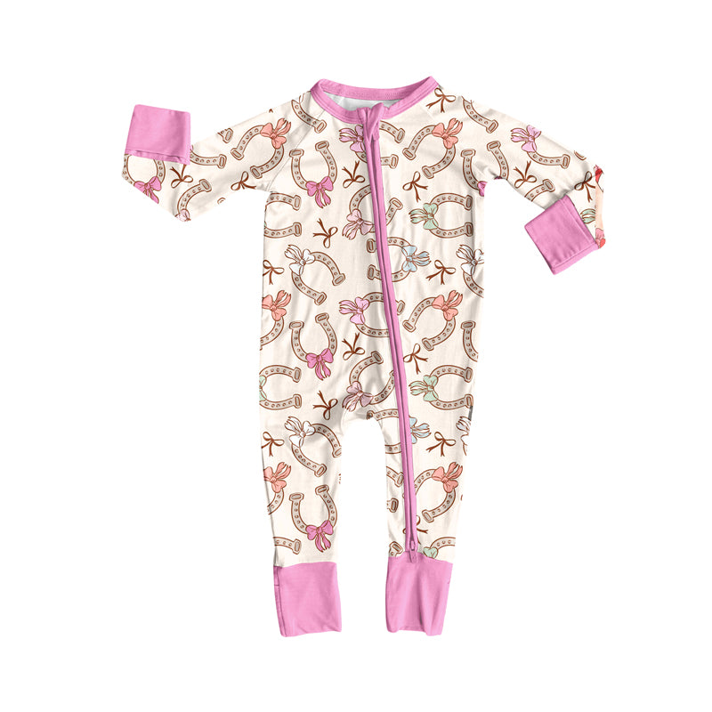Preorder (moq 5)Baby Girls Long Sleeves Pink Bows Horse Shoes Plaid Zipper Romper