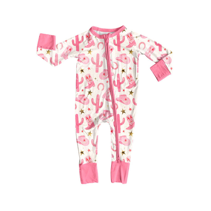 Preorder (moq 8)Baby Girls Pink Hats Boots Cactus Western Zipper Footie Rompers
