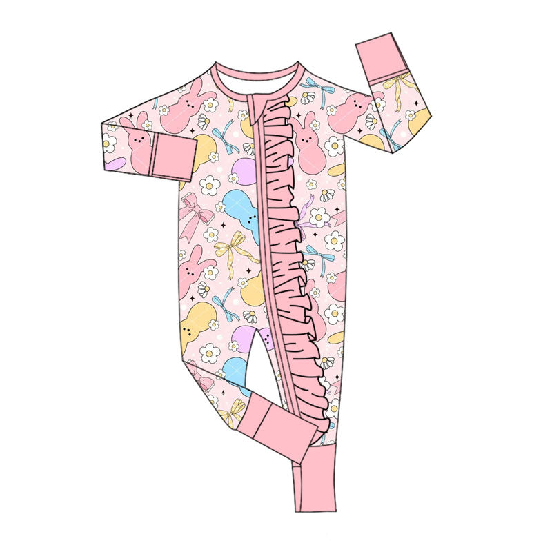 Preorder (moq 5)Baby Girls Colorful Flowers Rabbits Easter Ruffle Zipper Footie Rompers